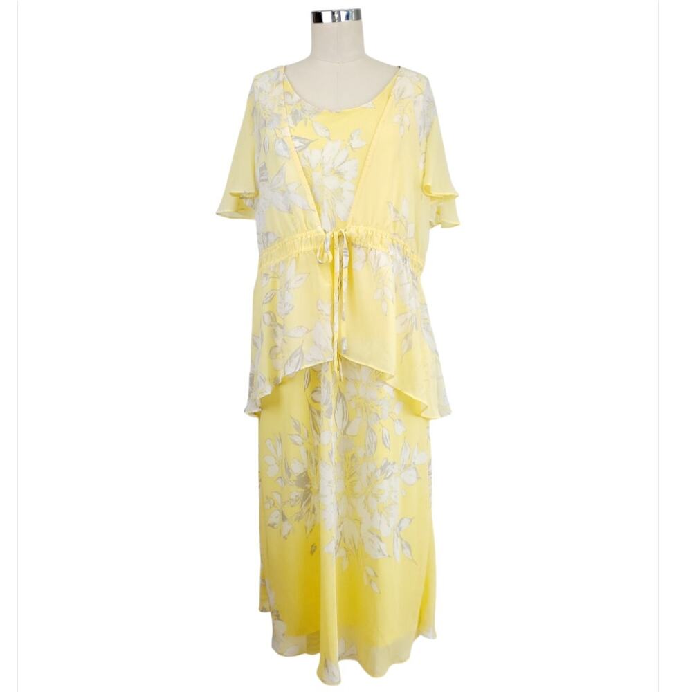 Sandra Darren Floral Midi Dress Jacket Set Sz 12 Yellow Wedding Guest Church EUC - Picture 2 of 14